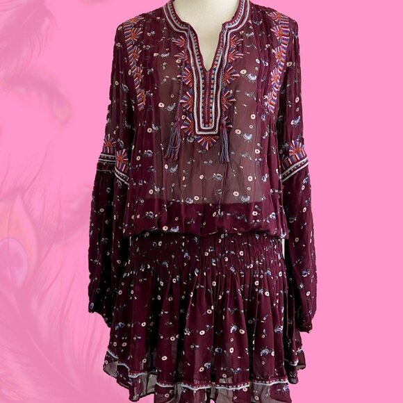 ULLA JOHNSON Gita Floral Georgette Mini Dress Bordeaux burgundy dress size 6 - Picture 2 of 8